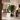 A tall potted artificial green tree in a black geometric planter, placed in a modern, upscale living room next to a wooden console table with a lamp.