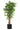 An artificial potted tree with a twisted brown trunk, dense green leaves, and a black faceted geometric pot, isolated on a white background.