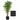 Tall artificial green tree with brown trunk in a black geometric faceted pot, shown on a white background with a circular inset detail of the pot.